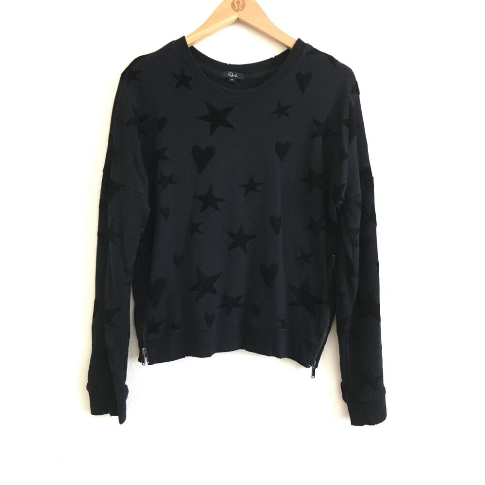 Rails Marlo Flocked Hearts Stars Side Zip Black Sweatshirt Women M